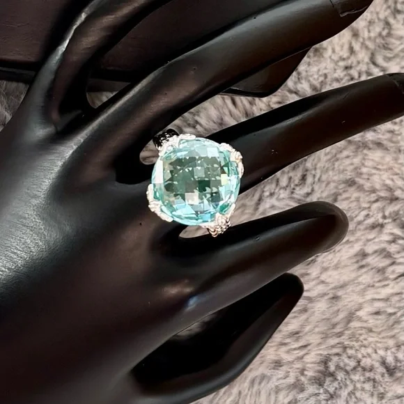 Judith Ripka Sterling Silver Teal Cubic Zirconia Ring size 7